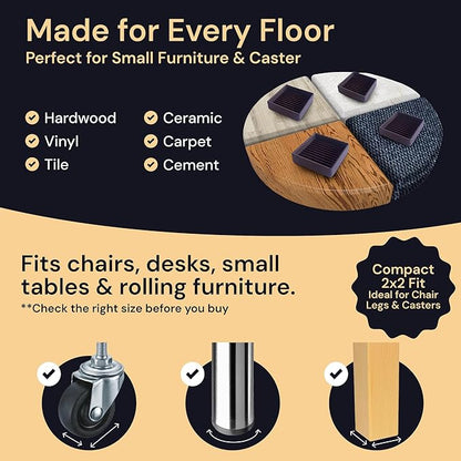 CasterMaster Anti Slip Furniture Pads & Caster Cups - 2" x 2" Black (Pack of 4) - Couch Leg Floor Protectors for Hardwood, Tile & Vinyl Floors - Rubber Feet & Floor Protectors for Chairs