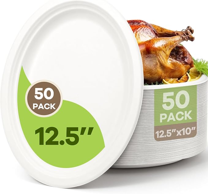 100% Compostable Oval Paper Plates, 12.5Inch 50Pack Disposable Heavy Duty by FEHHTOEco-friendlyLiving