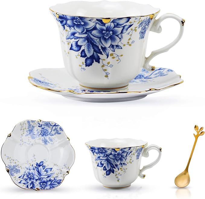 TATSUMI Country Roses Bone China Tea Cup and Saucer Set, 3 Pieces, Vintage Style by TATSUMI