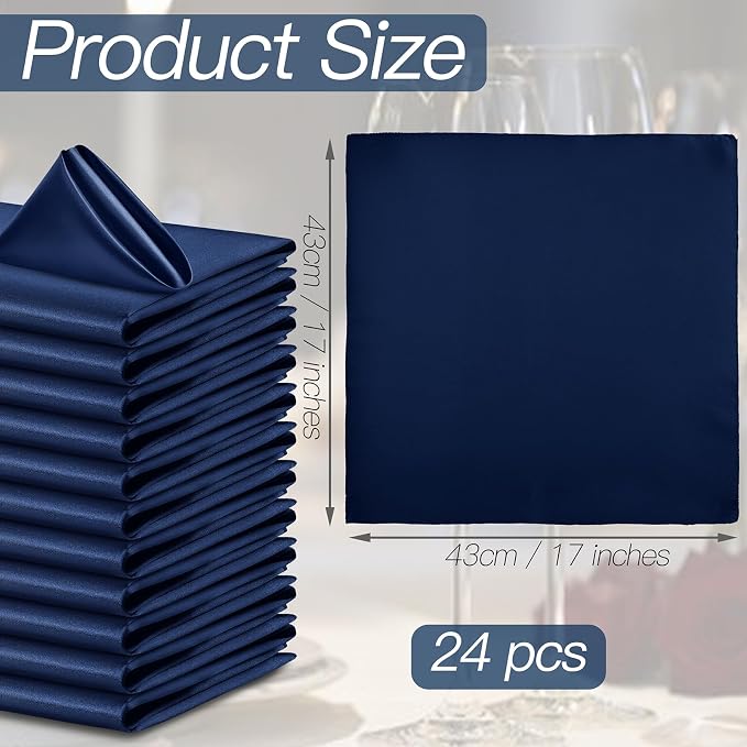 P Pothuiny 24 Pcs Navy Blue Satin Napkins 17 x 17 Inch, Satin Cloth Napkins | - Image 2