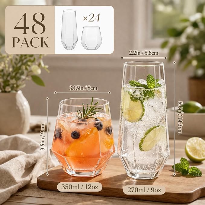 Oojami 48 Pack Diamond Plastic Champagne Flutes Stemless 9oz & 12oz Cups | - Image 8