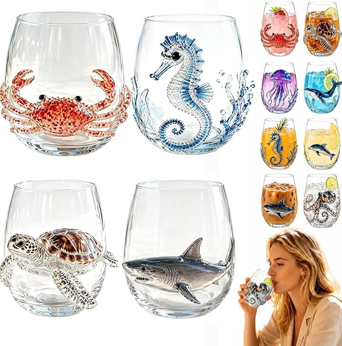 Set of 4 Coastal Creatures 3D Marine Animal Tumbler Glasses, Set | Handcrafted by Unknown