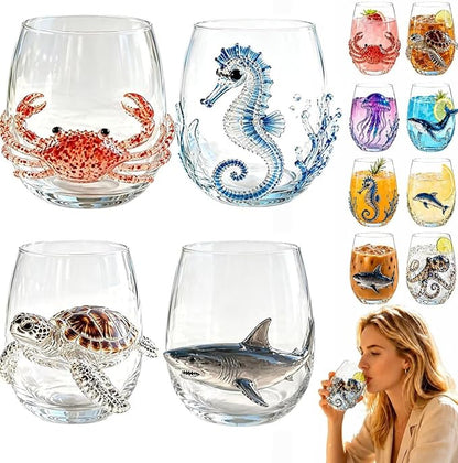 Set of 4 Coastal Creatures 3D Marine Animal Tumbler Glasses, Set | Handcrafted by Unknown