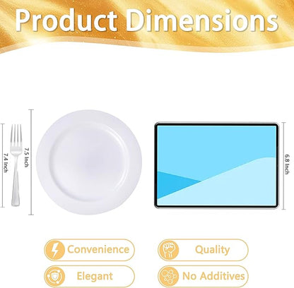 WELLIFE 100 Pieces White Plastic Dessert Plates with 100pcs Silver Disposable Forks, Premium Hard Salad Plate 7.5”, Appetizer Plastic Plates for Wedding, Party