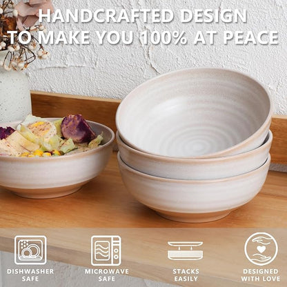 Handmade Ceramic Bowl Set of 4, 28oz - Ideal for Soup, Salad, Cereal, and Rice - Microwave Safe, Durable Clay Dishes - 6.3in
