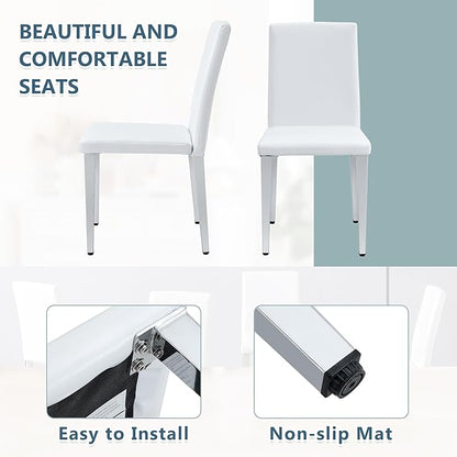 White Dining Chairs Set of 8,Faux Leather with Chrome Plate Metal Legs,Armless Kitchen Room Chairs Set of 8,Max Load 300 Lbs,High Back Modern Design for Home Kitchen Living Room Bedroom