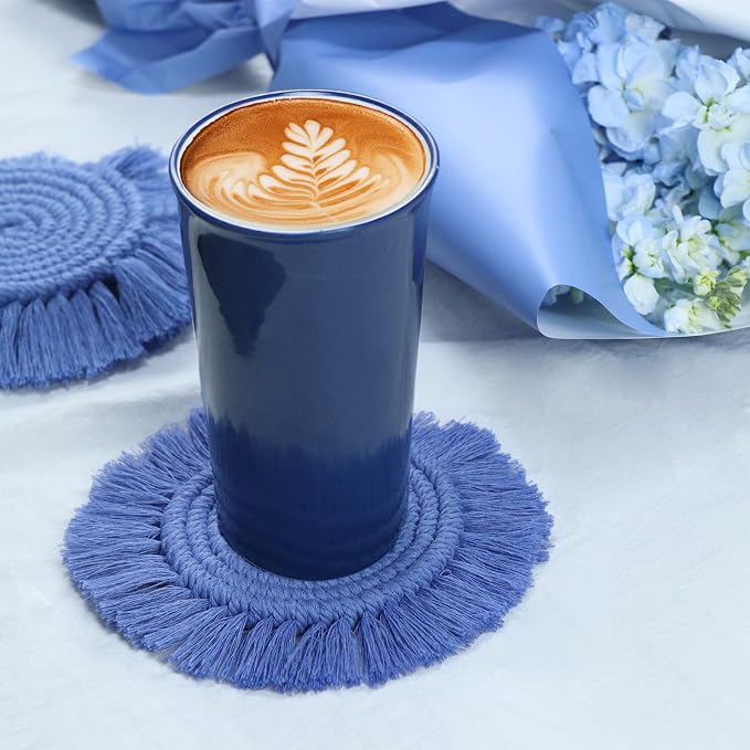 Coomin Boho Coasters for Drinks, Handmade 7.4in, 2p Light Blue | Woven - Image 4
