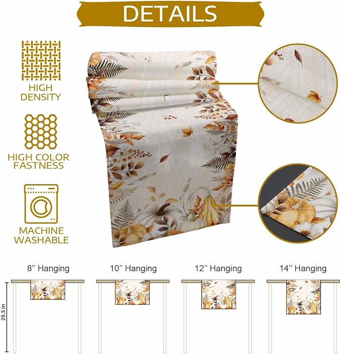 White Golden-Yellow Pumpkin Fall Table Runner 60 Inches Long, Thanksgiving - Image 8