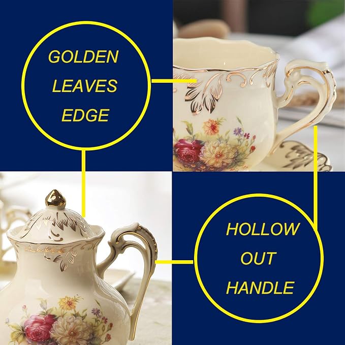 YOLIFE Porcelain Tea Set, Ivory Vintage Flowering Shrubs Teaset | 4 Teacups - Image 5