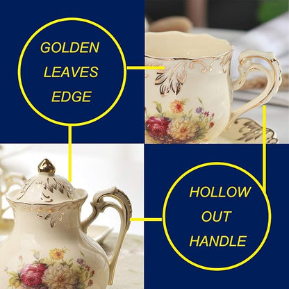 YOLIFE Porcelain Tea Set, Ivory Vintage Flowering Shrubs Teaset | 4 Teacups - Image 5