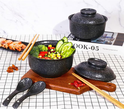 Ceramic Ramen Bowl Set, 800ml, with Lid, Spoon and Chopsticks, Japanese Vintage Large Soup Bowls Instant Noodle Bowl Asian Tableware (Black*2)