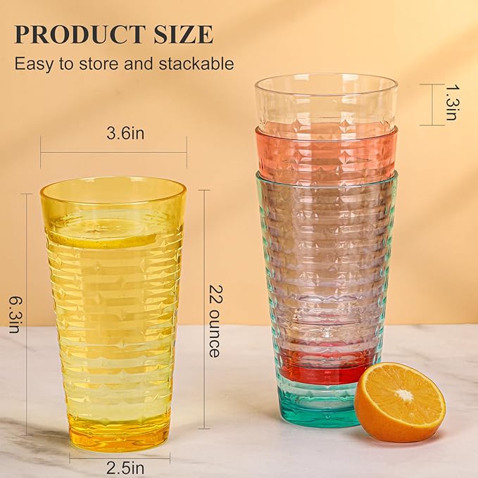 BPA-Free Plastic Tumblers 8 Pack (8x22oz) | Reusable Dishwasher Safe | Stackable Shatterproof Cups | Plastic Drinkware & Drinking Tumblers for Restaurant, Home, Party