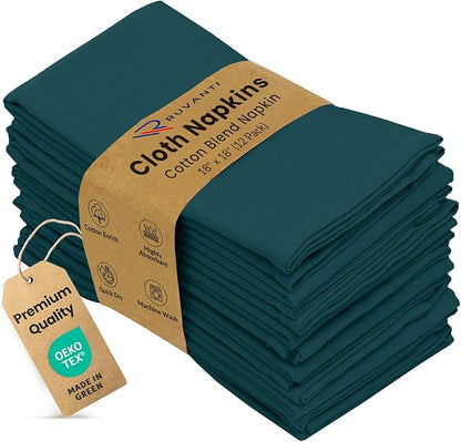 Ruvanti Cloth Napkins Set of 12, 18x18 Inches Napkins Cloth Washable, Soft, Durable, Absorbent, Cotton Blend. Table Dinner Napkins Cloth for Thanksgiving, Halloween Dinners Parties - Deep Teal