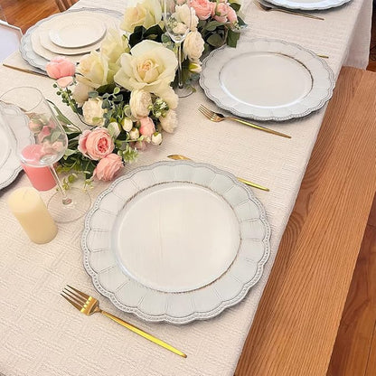 White Antique Charger Plates, 13 Inch Metallic Chargers - Image 3