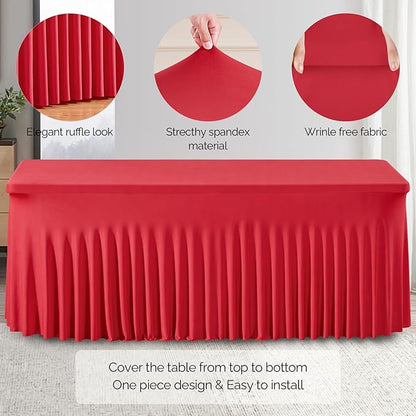 Wish Care 2 Pack Red Spandex Table Clothes for 8 Foot Rectangle Tables, 8FT Wrinkle Free Fitted Tablecloths Ruffles Design Stretch Table Cover for Party, Banquet, Wedding and Events