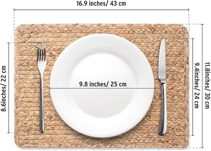 Woven Placemats Set of 6, 17" x 12" Rattan Table Mats, Natural Water Hyacinth Chargers for Dinner Plates, Wicker Placemats for Dining Table, Home, Wedding