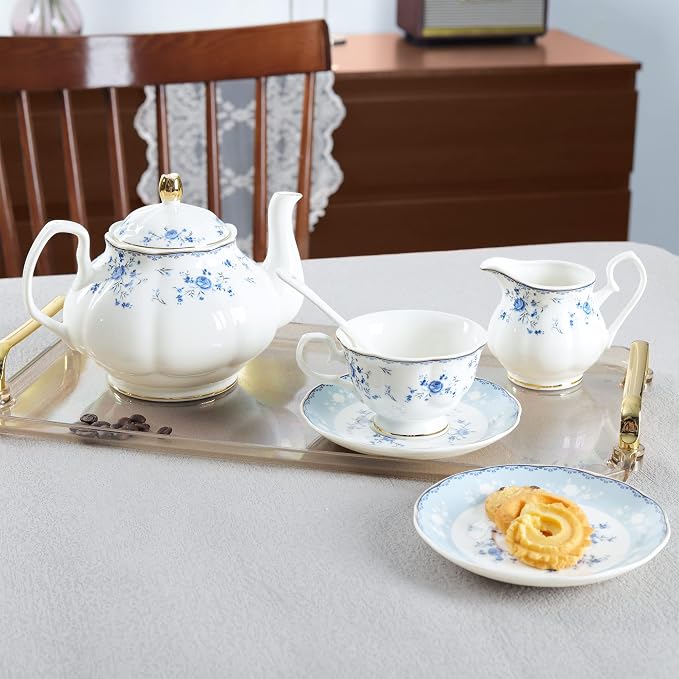 fanquare 15 Piece Blue Rose Porcelain Tea Set, British Floral Teapot - Image 5