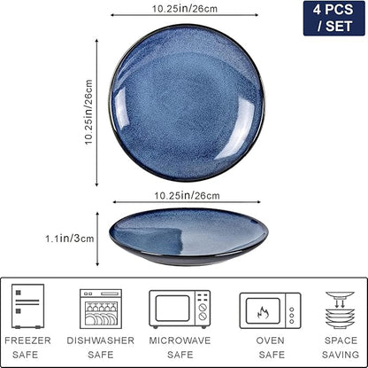 UNICASA Ceramic Dinner Plates Set of 4, Porcelain 10.25 Inch Pasta Plate Set, Reactive Glaze Serving Dishes for Steak, Salad, Pizza, Dishwasher & Microwave Safe (Blue)