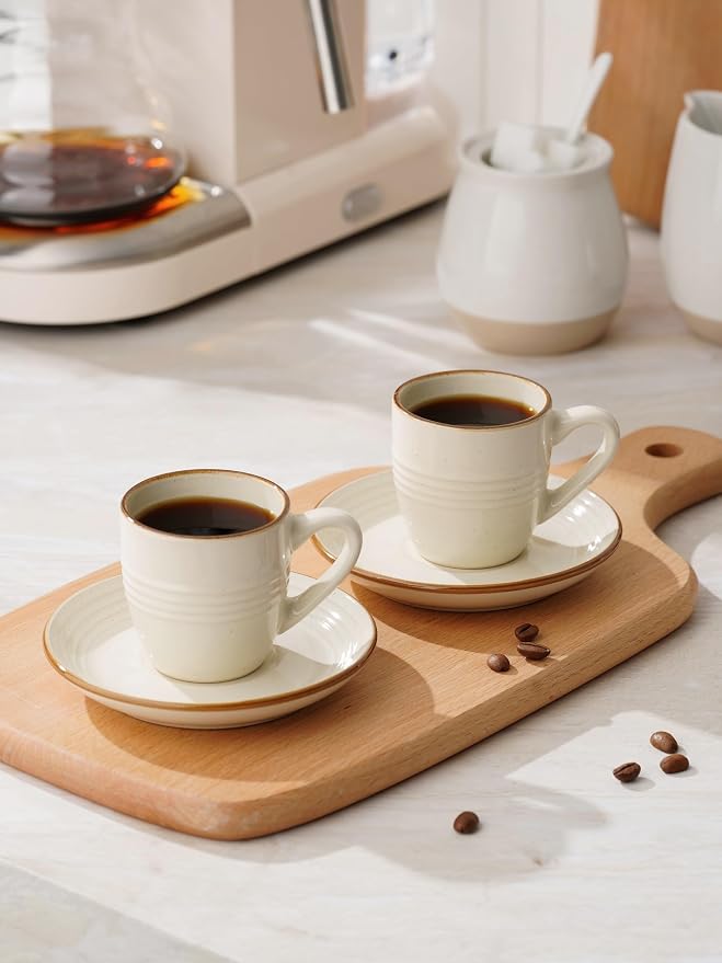 famiware 3oz Espresso Cups and Saucers, Vanilla White | Ceramic Small Coffee Mug - Image 2