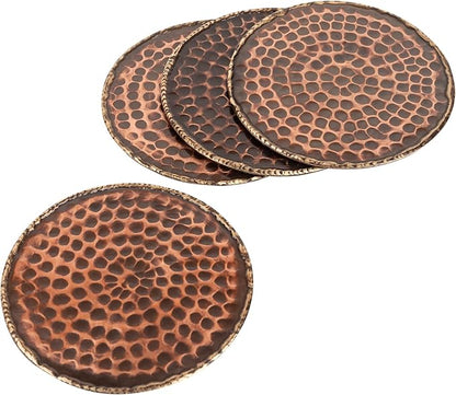 GoCraft Set of 4 Antique Copper Coasters – Handmade Hammered Copper with Padded Cork Protection, Coasters for Drinks, Beverages, Wine Glasses & Bar Glasses, Elegant Bar Décor, Durable & Stylish