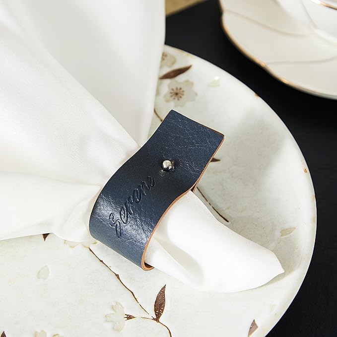 Navy Blue Napkin Rings Set of 6 – Elegant Leather Napkin Ring Holders, - Image 6