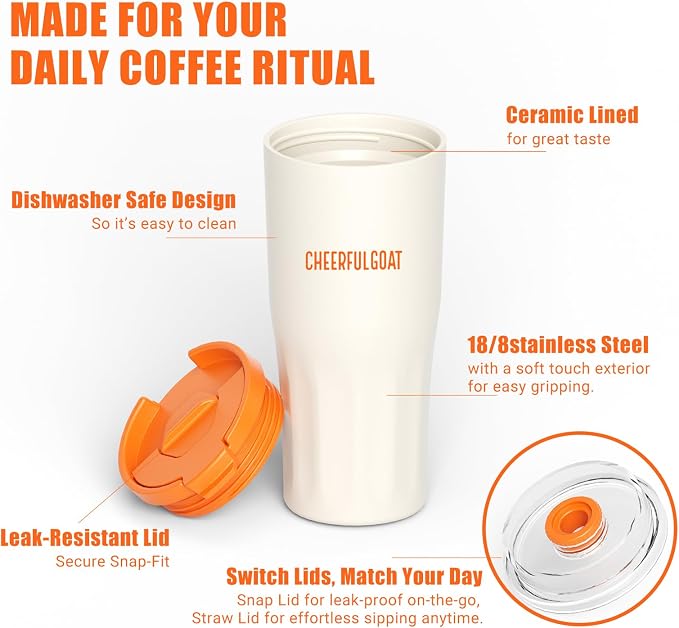 CHEERFUL GOAT Ceramic Lined Coffee Travel Mug – Stainless Steel Travel Coffee - Image 4