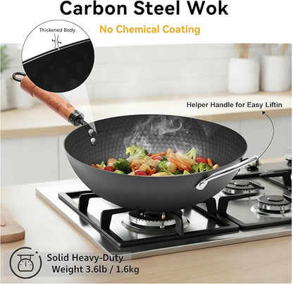 WANGYUANJI Carbon Steel Wok with Lid, 12.6" Hammered Stir Fry Pan with Helper Handle & Iron Spatula, Thickened Heavy Duty Flat Bottom Wok for Induction, Electric & Gas Stoves, Metal Utensil Safe