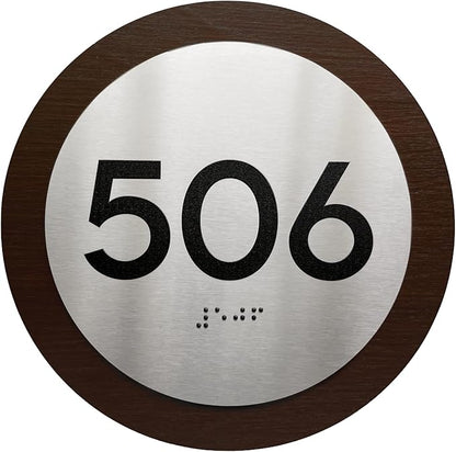 Bsign Round Door Number Sign - Wood Stainless Steel Plate - Custom Door Plates
