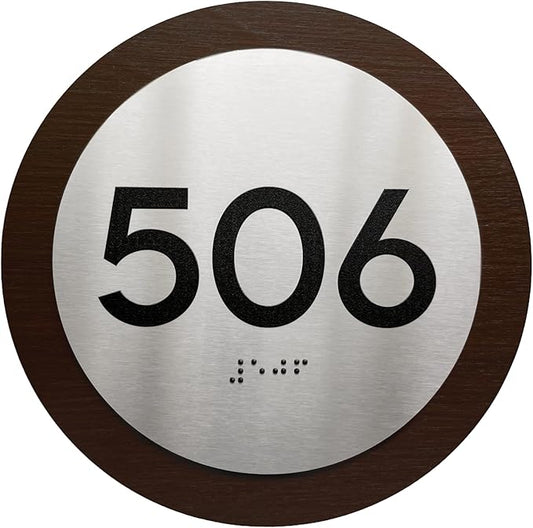 Bsign Round Door Number Sign - Wood Stainless Steel Plate - Custom Door Plates