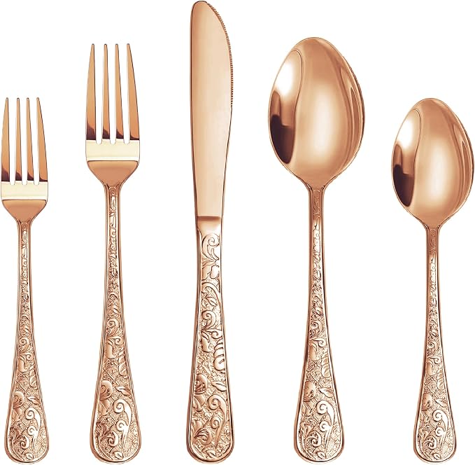 Runfly Vintage Carved Rose Gold Stainless Steel 20-Piece Flatware Set | by Runfly