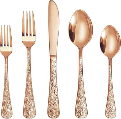 Runfly Vintage Carved Rose Gold Stainless Steel 20-Piece Flatware Set | by Runfly