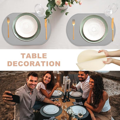 uxcell 4 Pcs Oval Silicone Placemat, 15.4" x 10.4" Non-Slip Washable Table Placemats Heat Resistant Waterproof Mat with High Edge for Table Kitchen Desk Protection, White