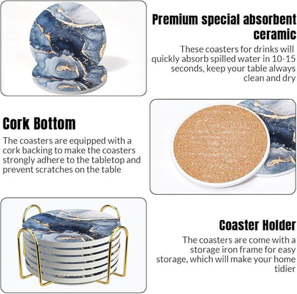 Ceramic Coasters Set of 6, Marble-Textured Design with Holder - Absorbent Cork-Backed Coasters for Cups, Bar & Coffee Table Decor Accessories (Dark Blue Marble, 6 Pack)