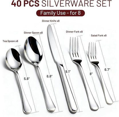 KIKCOIN 40 Pack Silverware Set for 8, Balanced Weight Stainless Steel Flatware Set, Mirror Polished Spoons And Forks Knife Set, Heavy DutyCutlery Utensils Set for Home Kitchen Restaurant Wedding
