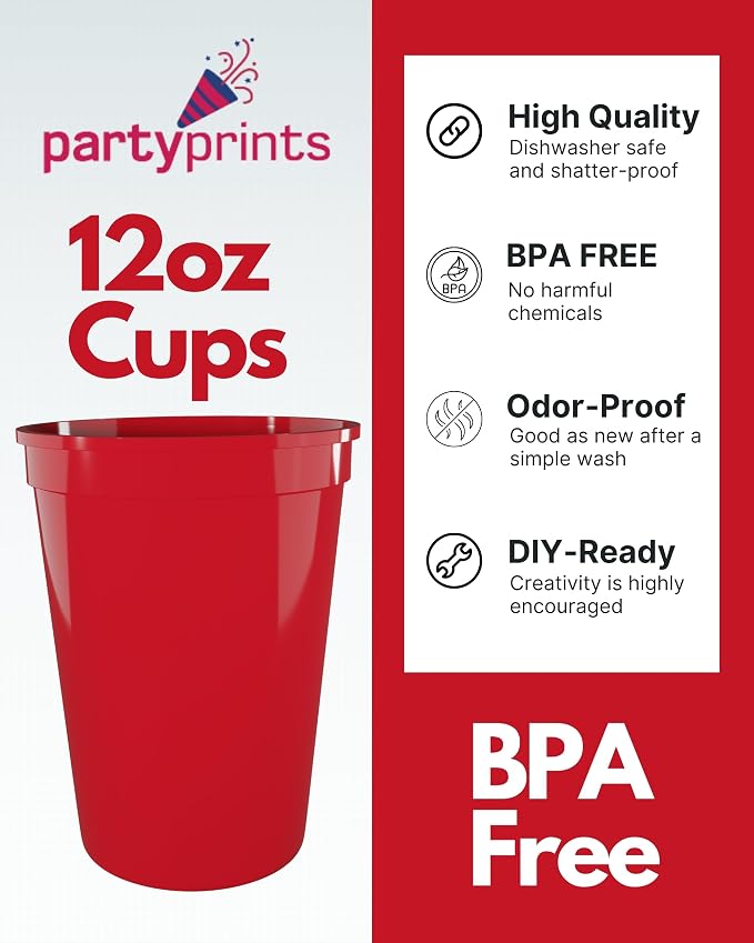 PartyPrints 10 Pack Small 10 to 12 oz Red Reusable Blank Plastic Cups, Stadium - Image 2
