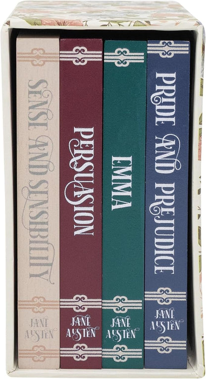 Steel Mill & Co Book Coaster Set of 4, Classic Wood & Cork Drink Coasters with Decorative Paper-Wrapped Storage Box for Aesthetic Coffee Table Decor for Book Lovers (Jane Austen)