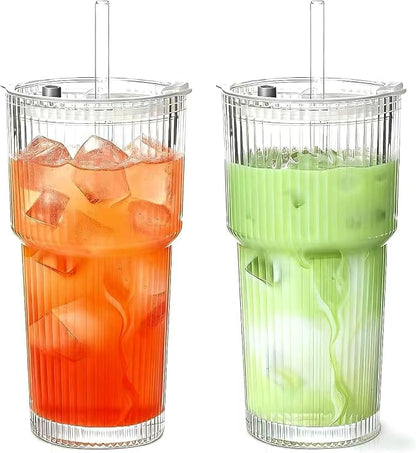 Glass Cups with Lids and Straws, 20oz Ribbed Glass Tumbler by MINGHYZYA