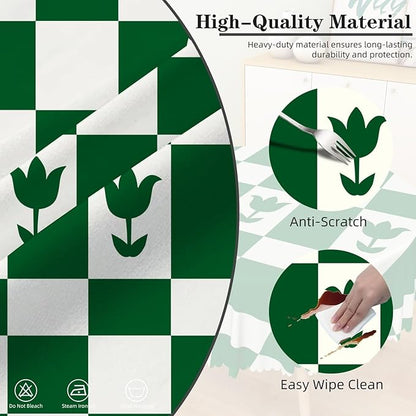 Laeacco 54 Inch Geometric Round Tablecloth Green White Plaid Square Flower Modern Abstract Art Print Table Cloth Washable Waterproof Wrinkle Free Table Cover for Kitchen Dining Picnic Party Decor
