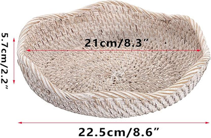Hipiwe Decorative Key Tray Rattan Storage Bowl Food Serving Basket for Fruit Bread Candy Handwoven Basket Tray for Entryway Table Kitchen, Whitewash 8.6 Inch