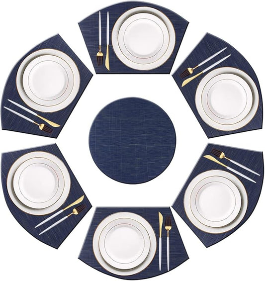 PIGCHCY Wedge Shaped Placemats Set of 6 with Centerpiece Round Mats Washable Kitchen Placemats Heat-Resistant Table Mats (Navy Blue)