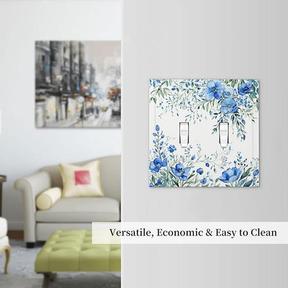 Decorative Light Switch Cover Blue Watercolor Flowers Retro Floral Leaves 2 Gang Wall Plate Double Toggle Switch Plate Receptacle Electrical Outlet Cover Switchplate for Bathroom Bedroom（2 Pack）