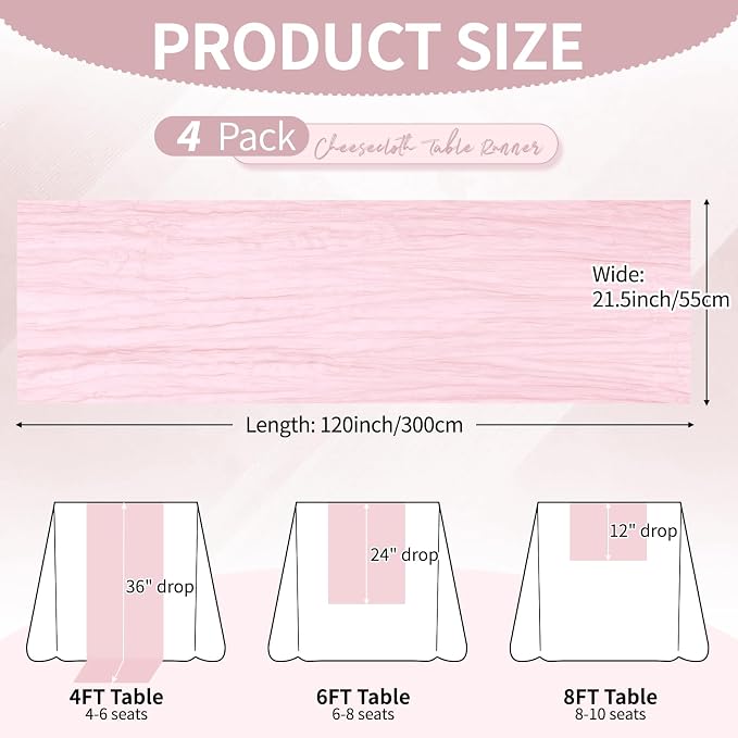 4 Pack Light Pink Cheesecloth Table Runner 10Ft, Boho Table Runners 21.5 x 120 - Image 2