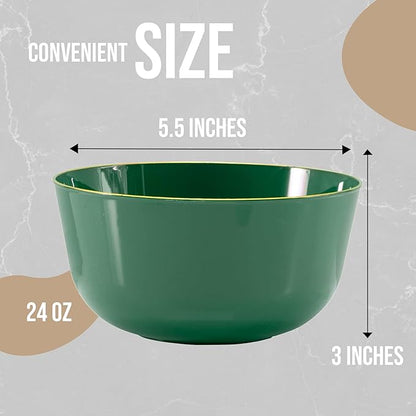 Trendables Disposable Bowls - 24 Oz Set of 50, Green Gold Rimmed Fancy Serving Bowls, Perfect for Ice Cream, Salad, and Candy