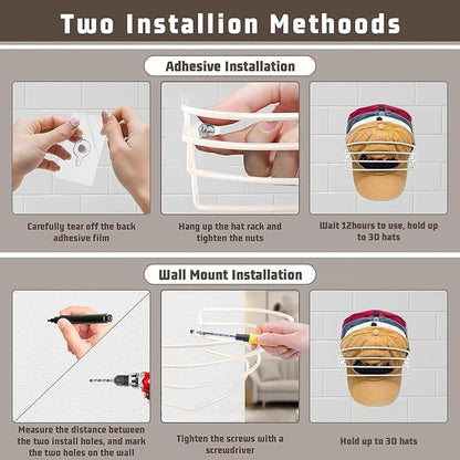Hat Organizer for Baseball Caps, 2-Pack Beige White Metal Hat Rack Ball Cap Storage Organizer Hold Up to 30 Caps Hat Holder for Wall Door Closet, Wall Mounted & Adhesive Installation Option