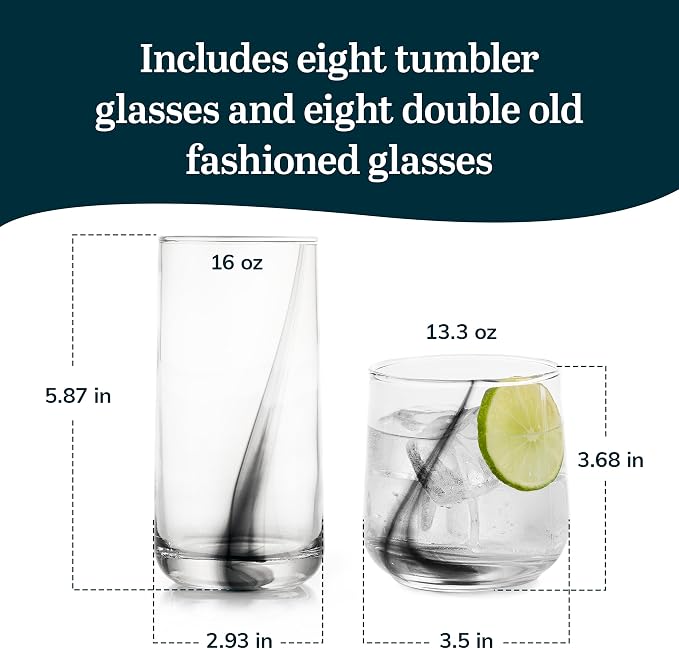 Libbey Ascent Black Ribbon Tumbler and Rocks Drinking Glasses Set of 16 - Image 3