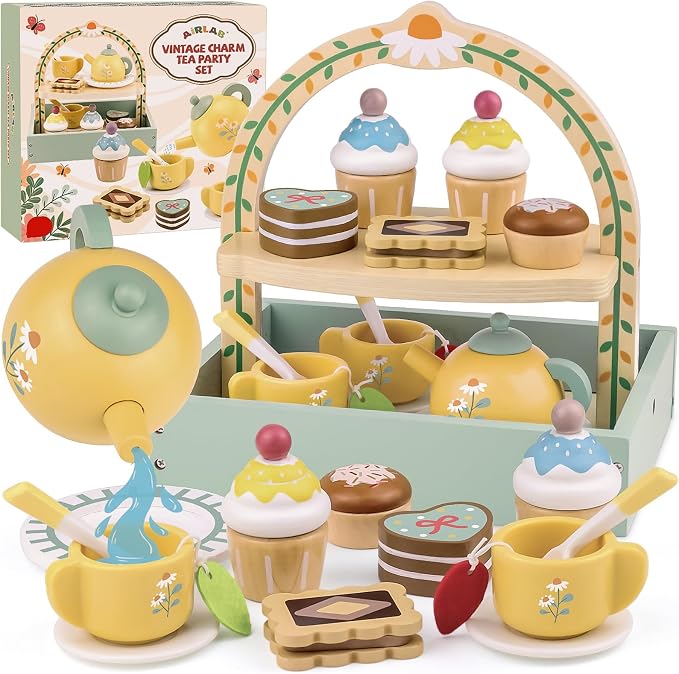 Wooden Tea Sets for Little Girls Play Food Cake Pretend Play Toys | 3-5 Kitchen by AirlabStudio