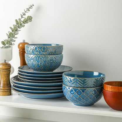 Sureasy 12-Piece Ceramic Dinnerware Set for 4 - Embossed Plates and Bowls Sets, Scratch Resistant Dish Set, Microwave, Oven & Dishwasher Safe, Blue