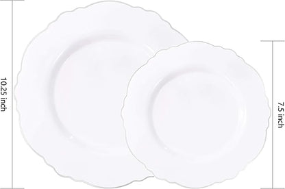 WDF 60pcs Silver Plastic Plates-Baroque White &Silver Plates for Upscale Parties &Wedding-including 30Plastic Dinner Plate 10.25inch, 30 Salad Plate 7.5inch for Valentine's Day
