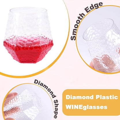 Goodluck 40PCS 12oz Clear Plastic Wine Glass Diamond Stemless Hammered Cups | - Image 4