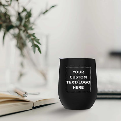 Custom Stemless Wine Glass Tumblers with Lids by Largo 11 oz. Set of 12, Personalized Bulk Pack - Perfect for Wine, Cocktails, Other Hot & Cold Beverages - Black